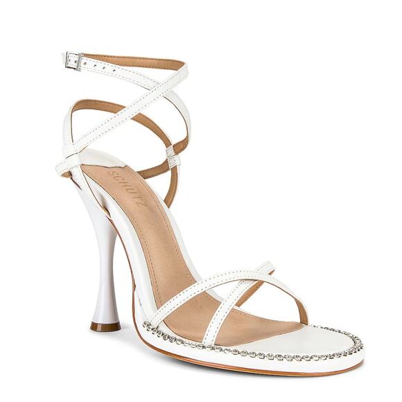 Schutz White Ankle Wrap Sandal SIZE 9.5 Leather Heel Rhinestone Revolve $138 NEW
